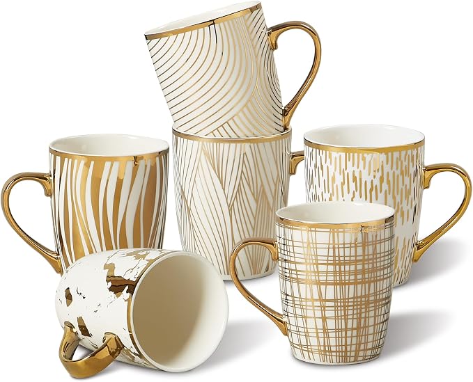 ONEMORE Coffee Mugs 18oz - Gold-Plated Ceramic Mugs for Latte, Hot Tea, Cappuccino, Mocha, Cocoa - Luxury Gold Trim Mug Set of 6, White & Gold, Multicolored by ONEMORECeramics