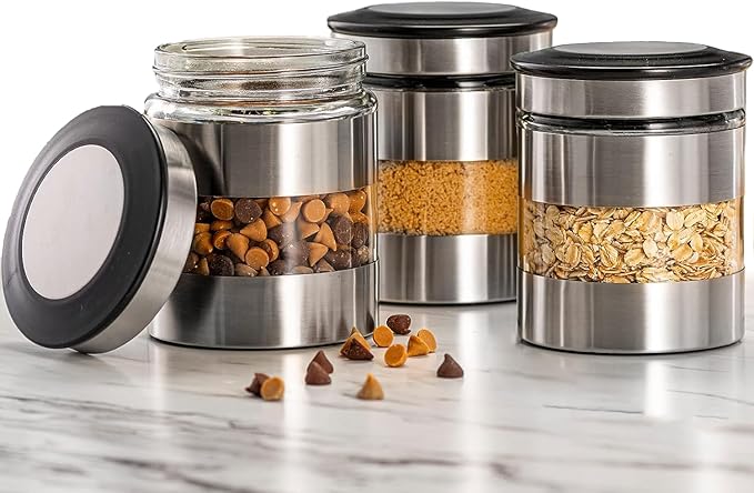 Le'raze Quality Stainless Steel Canister Set of 3 for Kitchen Counter with Glass Window & Airtight Lid - Food Storage Containers with Lids Airtight - Pantry Storage and Organization Set by LERAZE