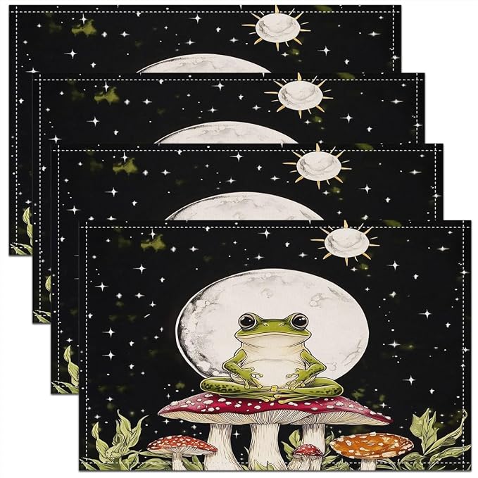 Feelyou Cute Frog Decor Table Place Mats 18"x12" Mushroom Decor Placemats Set of 4 Moon Placemat for Kitchen Dining Table Decor Indoor Outdoor Botanical Theme Decor Table Place Mats Wild Mushroom by Feelyou