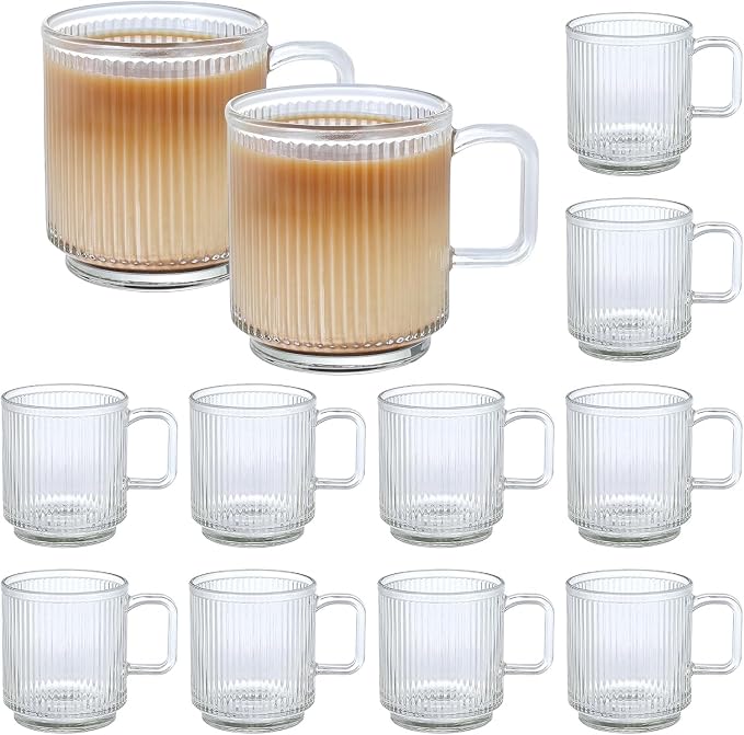 12 PACK Premium Glass Coffee Mugs with Handle, 12 OZ Classic Vertical Stripes Glass Coffee Cups, Transparent Tea Cup for Hot/Cold Beverages, Glassware Set for Americano, Latte, Cappuccino by Catsayer
