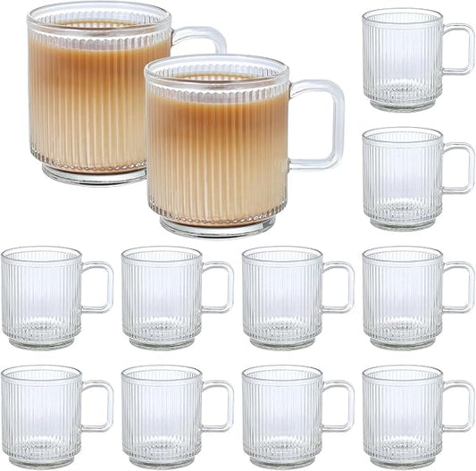 12 PACK Premium Glass Coffee Mugs with Handle, 12 OZ Classic Vertical Stripes Glass Coffee Cups, Transparent Tea Cup for Hot/Cold Beverages, Glassware Set for Americano, Latte, Cappuccino by Catsayer