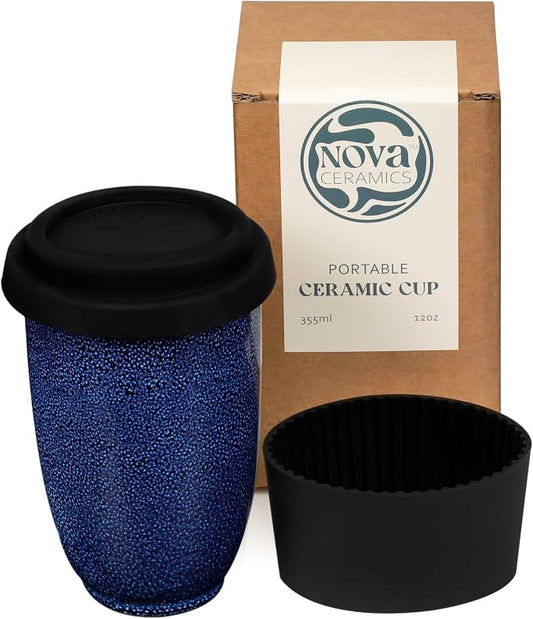 NOVA CERAMICS Travel Mug - Ceramic Travel Mug With Lid – Travel Coffee Mug Unique To Go Coffee Cup – Microwave & Dishwasher Safe Coffee Tumbler - Gifts For Women Men Him Her – 12oz - Abyss by NovaCeramics