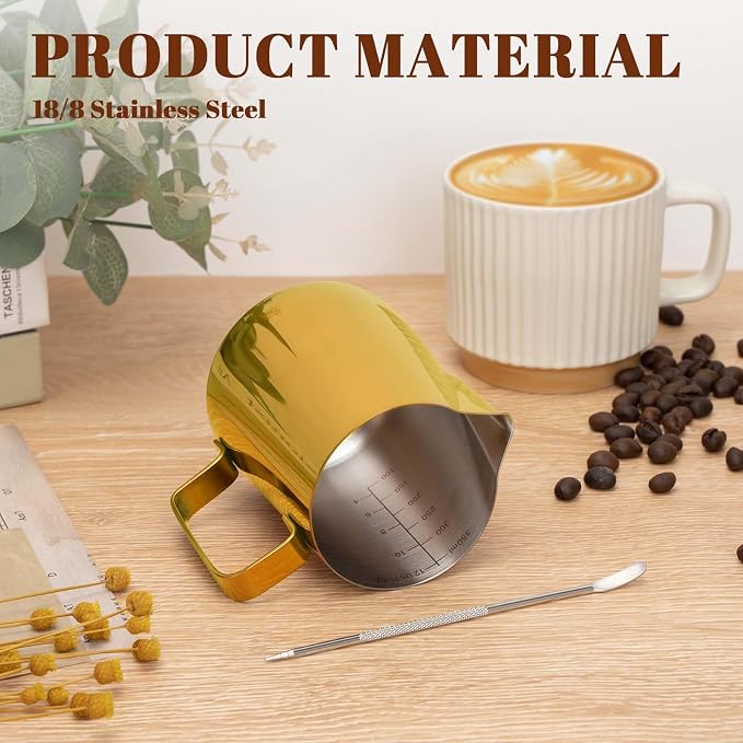 Amrules Milk Frothing Pitcher, 12 oz Milk Frother Cup with Clear Scale, 304 Stainless Steel Cappuccino Espresso Machine Accessories for Barista Coffee Bar with Latte Art Pen, Gold - Image 5