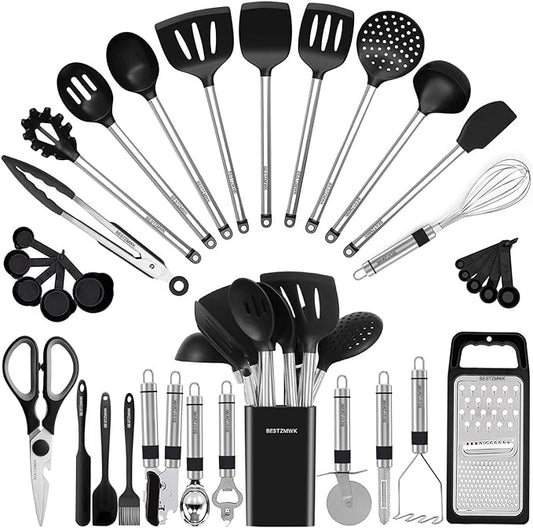 Kitchen Utensil Set-Silicone Cooking Utensils-33 Kitchen Gadgets & Spoons for Nonstick Cookware-Silicone and Stainless Steel Spatula Set-Best Kitchen Tools, Useful Pots and Pans Accessories by BESTZMWK