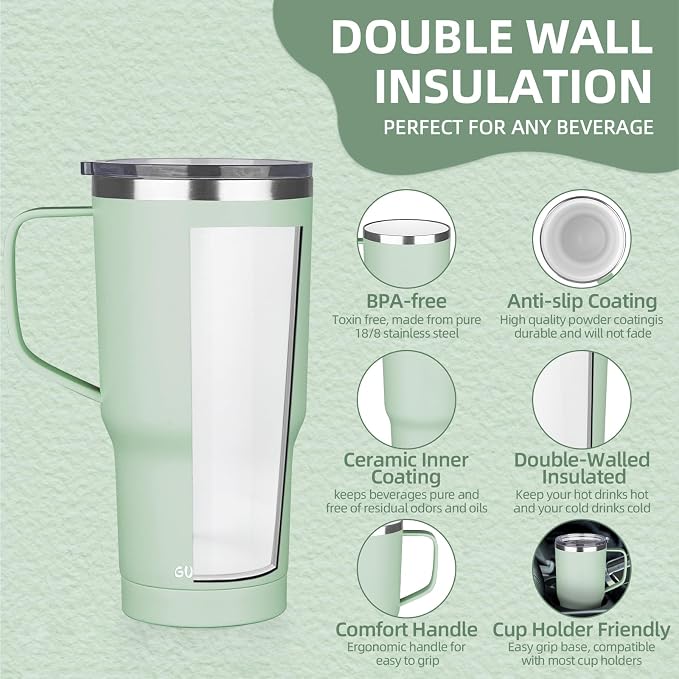 20 oz Insulated Coffee Mug with Ceramic Coating, Stainless Steel Travel Mug Tumbler with Handle Lid and Straw, Double Wall Leak-Proof Coffee Travel Mug Keeps Drink Hot and Cold (Matcha) - Image 3