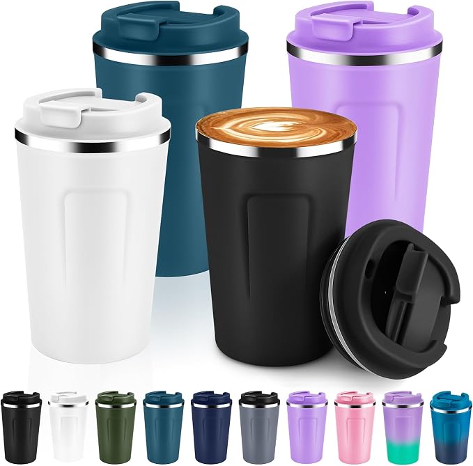 Volhoply 12 oz Double Wall Insulated Vacuum Travel Coffee Mug with Flip Lid Bulk 4 Pack,Reusable Stainless Steel Leak Proof Coffee Cup,Portable Thermal Tumbler for Hot&Cold Drinks(Assort Color,4 Set) by LiveFully%EF%BC%8CDrinkFreely%E2%80%94KeepGoingwithVolhoply%EF%BC%81