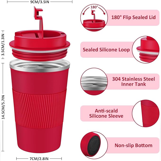 KETIEE Travel Coffee Mug Spill Proof 12oz, Insulated Travel Mug to Go, Reusable Coffee Cup with Seal Lid, Vacuum Stainless Steel Tumbler for Hot/Cold Drinks (Red) - Image 3