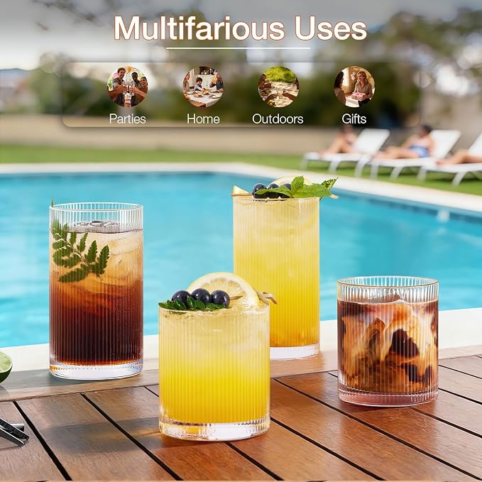 Drinking Water Glass Cups Set,Crystal Clear ribbed Glass set of 8,17oz&12oz | Unique Design Vintage Cocktail Glass, Tall Glass Cups Ideal for Ice Coffee Cup, Whiskey, Mixed Drinkware - Image 5