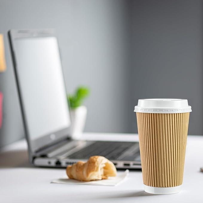 GUSTO Comfy Package [16 oz. - 50 Sets] Insulated Kraft Ripple Paper Hot Cups, Disposable Coffee Cups With Lids - Ideal for Hot Beverages, Travel, and Office Use - (Formerly
