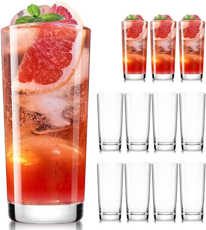 Drinking Water Glass Cups Set,Crystal Highball Glasses cups set of 12,16oz | Wide Mouth Design Tall Glassware for Cocktail Parties, Family Dinners by LUNAMANTHA