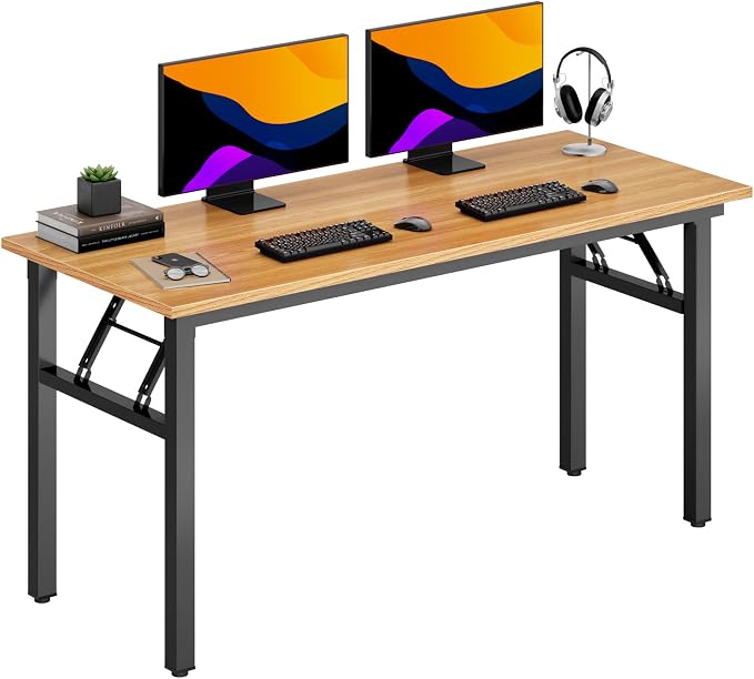 DlandHome 59.8 Inch Large Folding Computer Desk, Fully Assembled Teak Black | Foldable Writing Table, Portable Activity Conference Table for Home Office, Wood Top Metal Frame, Collapsible Easy Storage by DlandHome