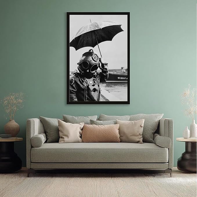 UXCBIA Deep Sea Diver Holding Umbrella, 1940s Paris, Black And White Vintage Photo, Lake House Poster Canvas Poster Bedroom Decor Sports Landscape Office Room Decor Gift Black Frame 20x30in(50x75cm) - Image 5