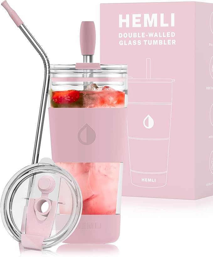 19 oz. Double Wall Glass Coffee Tumbler, To Go Travel Mug with Lid, Portable Glass Thermos with Straw, Reusable Cup, Tea, Smoothies, Ice Coffee, and Boba
