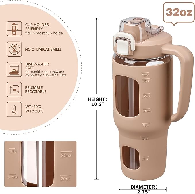 32oz Glass Tumbler with Straw Handle and 2-IN-1 Sip & Spout Lid, Reusable Iced Coffee Cup for Smoothie, Matcha, Leakproof Glass Water Bottle with Straw and Silicone Sleeve, BPA Free-Amber