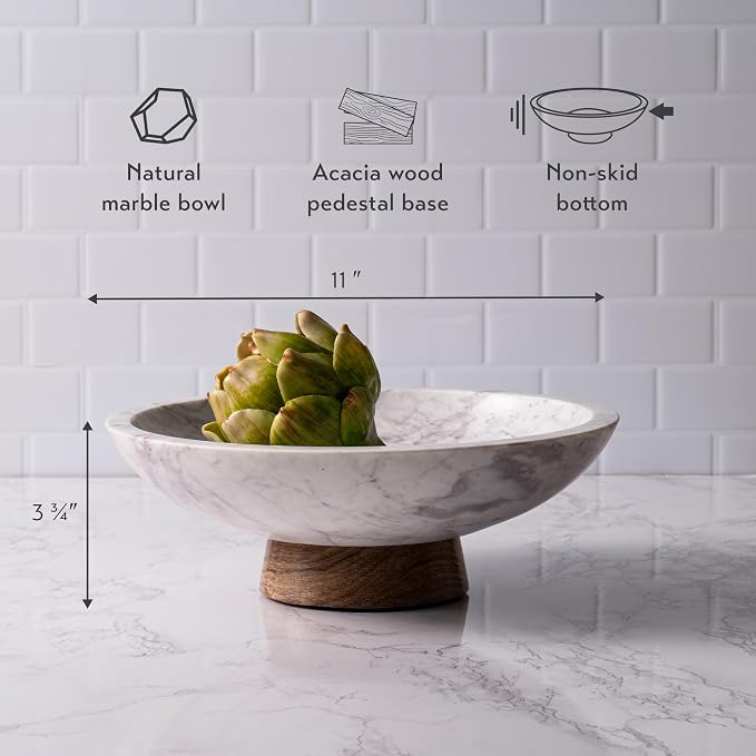 Cork & Mill Marble Decorative Bowl with Acacia Wood Pedestal, 11 Inch | Handcrafted Natural Stone Fruit Bowl for Kitchen, Potpourri, Catch All for Entryway, Dining Table Centerpiece Decor - Image 3