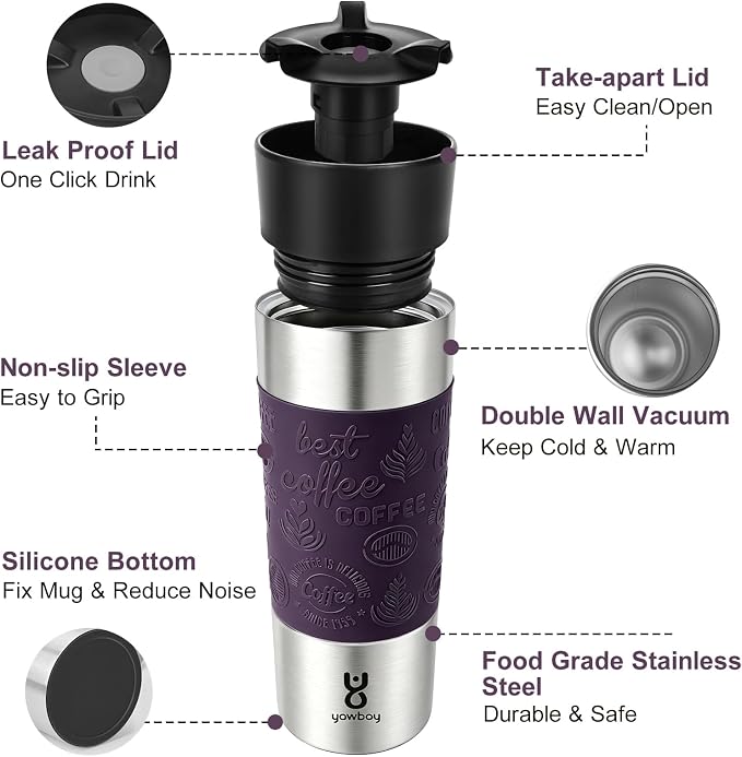 Travel Coffee Mug with 360°Lid, Travel Coffee Tumbler 16 oz Leak Proof, Stainless Steel Insulated Travel Mugs for Hot and Cold Spill Proof Leak Proof (Purple) - Image 7