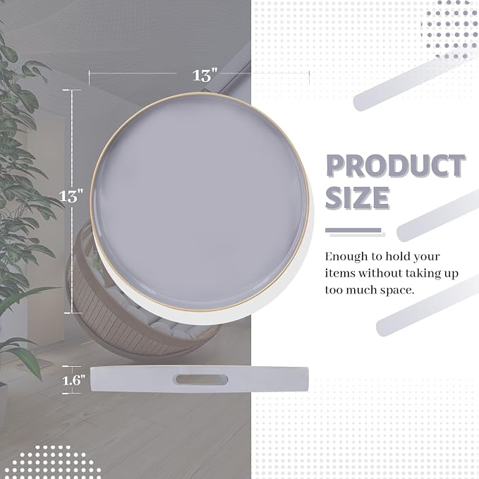 MAONAME 13" Gray Decorative Tray, Plastic Round Serving Tray with Handles | Grey Decorative Tray for Coffee Table, Modern Ottoman Tray, Circle Tea Tray, Round Melamine Tray for Living Room, Bathroom - Image 2