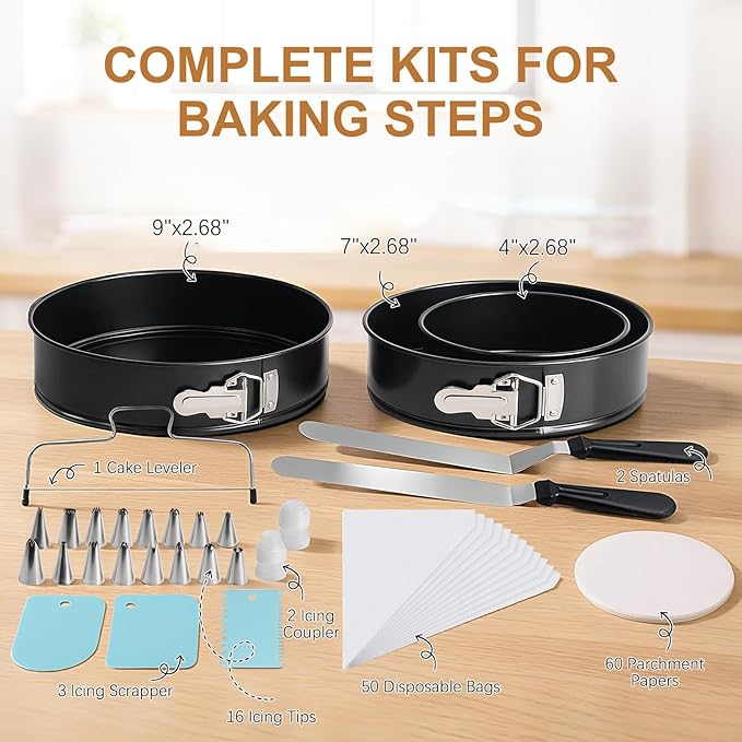 WERTIOO 138pcs Springform Cake Pan Sets for Baking with Cake Decorating Kit, 3 Round Non-Stick Springform Pan Set (4, 7, 9 inches), Leak-Proof Cheesecake Pan with Icing Tips, Cake Leveler & eBook