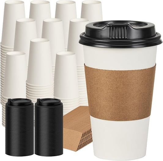 16 oz 500 Pack Coffee Cups with Lids and Sleeves, Hot Paper Coffee Cups with Lids, Disposable To Go Cups with Lid for Coffee, Tea, Hot Chocolate, Ideal for Cafes, Offices and Travel by VPACKDUO