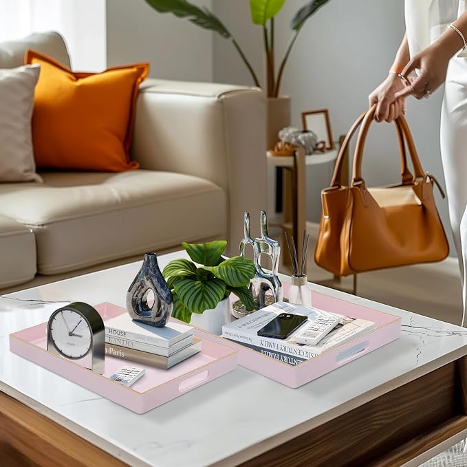 MAONAME Pink Serving Tray with Handles, Plastic Decorative Tray Set of 2 | Pink Decorative Tray for Coffee Table, Modern Ottoman Tray, Rectangle Melamine Tray for Living Room, 15.8"L x 10.2"W x 1.4"H - Image 5