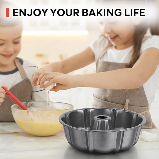 TeamFar 10 Inch Nonstick Cake Pan, 10 Cups Fluted Tube Cake Pan for Baking | Heavy Duty Carbon Steel Round Baking Tray for Making Jello/Monkey Bread/Chocoflan, Non Toxic, Easy Clean - Gray - Image 6