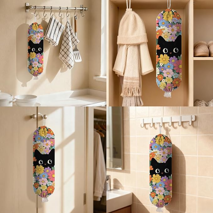 Floral Cat Plastic Bag Holder Dispenser, Plastic Grocery Bag Organizer & Wall Mount Paper Trash Bags Saver Storage for Kitchen Home Pantry Decor, Cat Kitchen Decor Shopping Bags Storage Dispenser - Image 7