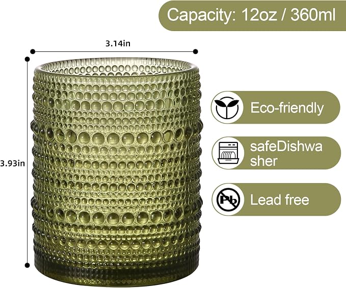 ZMOWIPDL Drinking Glasses Set of 6,12oz Green Hobnail Glass Cups | Vintage Glassware，Embossed Water Tumbler,for Beer,Cocktail,Whiskey,Juice and Various Mixed Drinks- 1 Cleaning Brush - Image 2