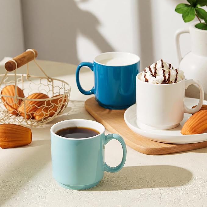 Sweese Stackable Coffee Mugs - 10 Oz Porcelain Cups for Specialty Coffee Drinks, Cappuccino, Cafe Mocha, Latte and tea, Set of 6, Cool Assorted Colors - Image 4