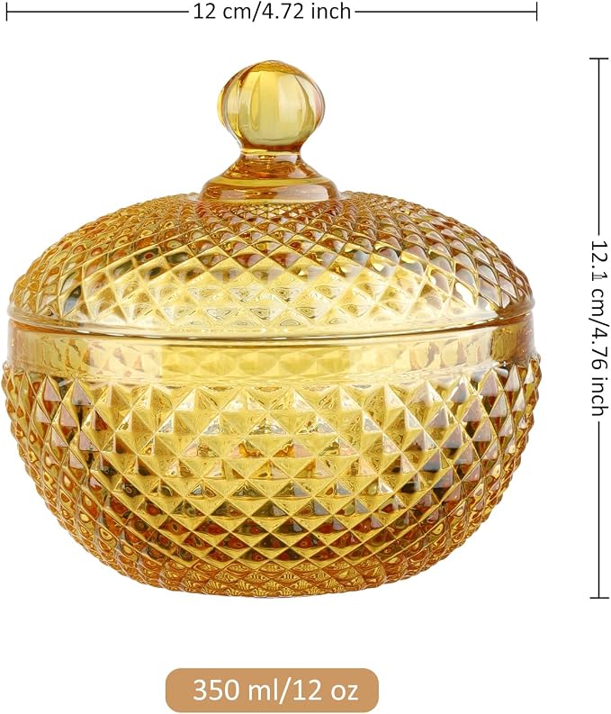 Joeyan 12 oz Small Amber Glass Jars with Lid,Embossed Glass Candy Dishes,Diamond Faceted Food Container,Decorative Jewelry Box Apothecary Canisters,Colored Kitchen Bathroom Buffet Storage Organizer - Image 7