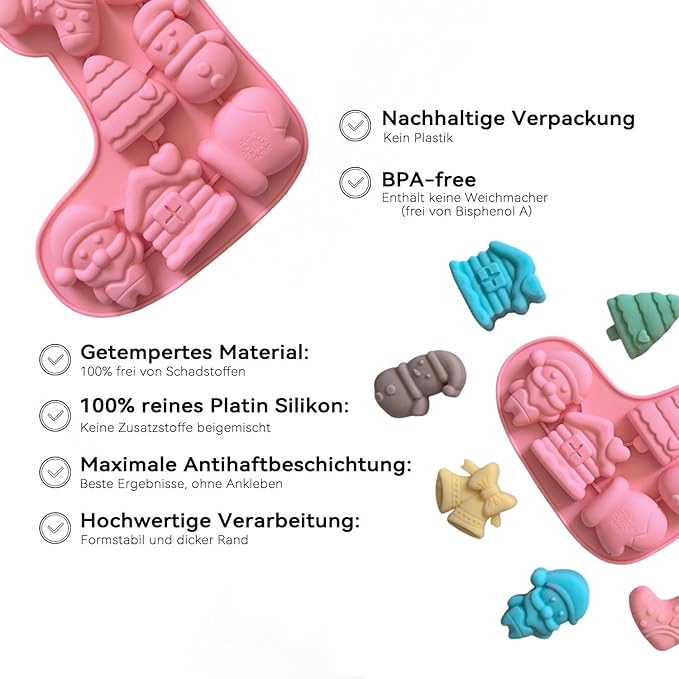 2 Pcs Christmas Silicone Molds for Chocolate,Cute Sock Shape 3D Chocolate Silicone Mold Gloves, Bells, Santa Claus Design 14-Cavities Candy Moulds for Christmas Winter Theme Candy Pudding Jelly Making