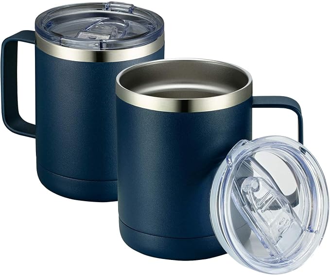 MEWAY 12oz Coffee Mug With Handle 2 Pack Bulk,Stainless Steel Insulated Travel Tumblers With Sliding Lid,Double Wall Vacuum Camping Cup for Hot & Cold Drinks (Navy Blue, 2) by MEWAY