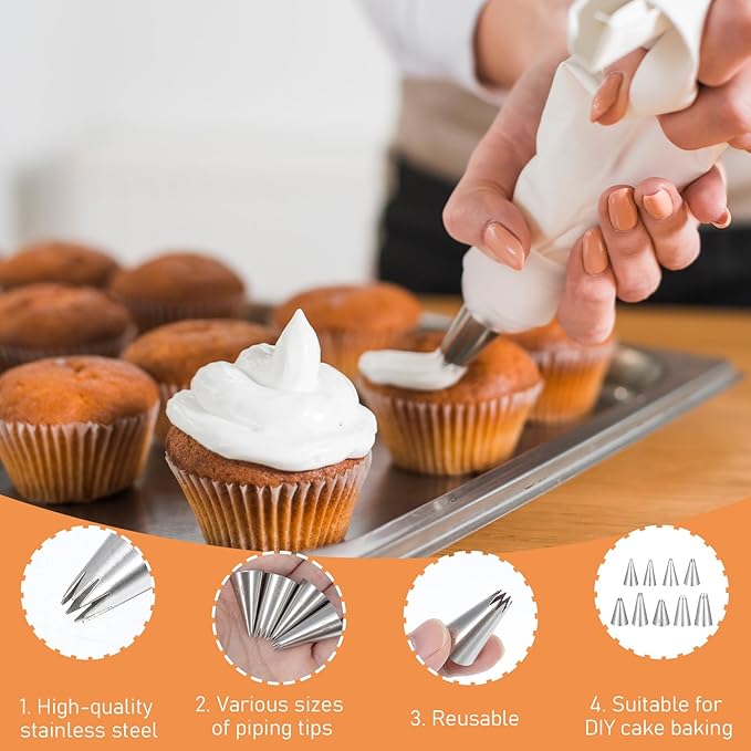 9Pcs Open Star Piping Tips Set, French Star Tube Set Frosting Nozzle Kit,Stainless Steel Star Pastry Tips for Cupcakes Cakes Cookies Decorating (Small Size)