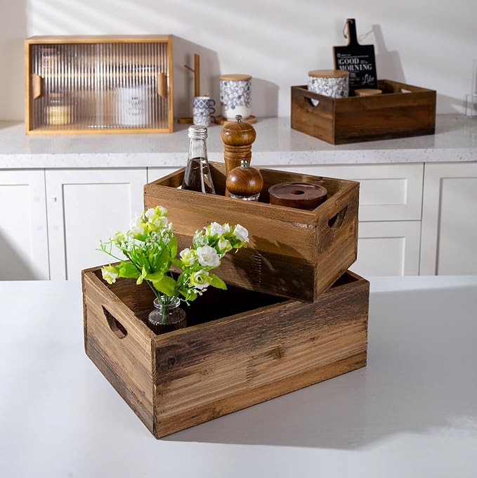 TIMRIS Set of 3 Rustic Distressed Wood Nesting Crates, Farmhouse Decorative Wooden Storage Boxes, Vintage Reclaimed Wood Baskets for Display (Natural) - Image 8