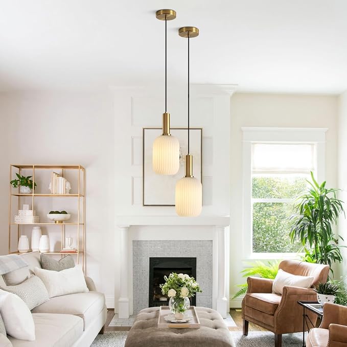 KCO Brushed Brass 5.1” Small White Milk Ribbed Cylinder Glass Pendant Light | E26 Bulb Hardwired, Mid Century Modern Vintage Adjustable Hanging Lamp for Sloped Ceiling Kitchen Island Dining Room Bedroom - Image 7