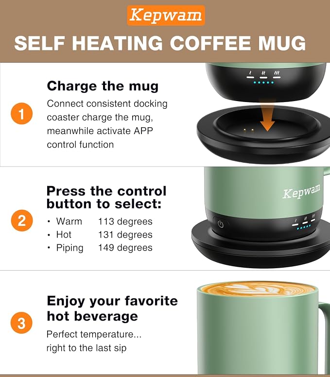 Kepwam Self-Heating Coffee Mug T1, 16oz Rechargeable Heated Coffee Mug, Smart Coffee Warmer Mug with App-Controlled,Advanced Temperature-Controlled Heating Coffee Gifts for Women Men Coffee Lover - Image 3