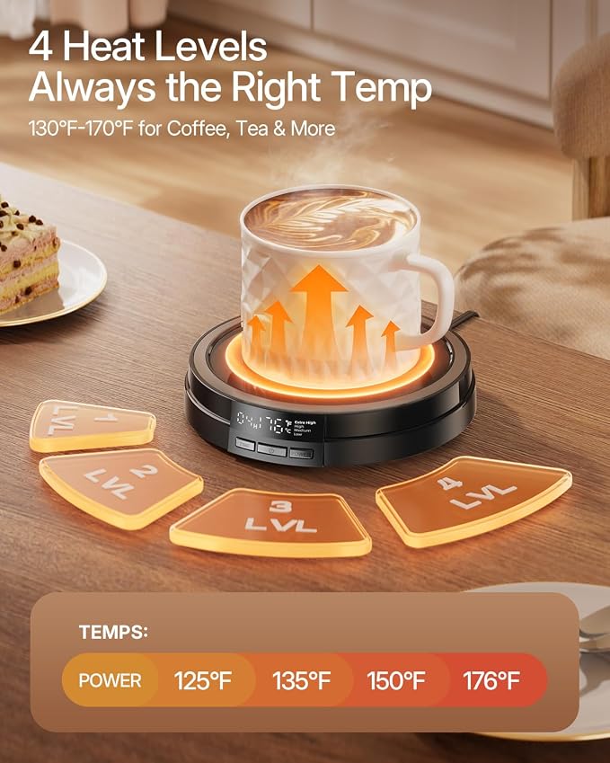 Coffee Mug Warmer for Desk, 50W, Cup Warmer 4 Temps & Timer- Black | Smart Display; 12H Timer; Auto Shut Off; Fast Heating; Easy-Clean; Candle Warmer Plate; UL Certified Gift for Coffee Lovers - Image 3