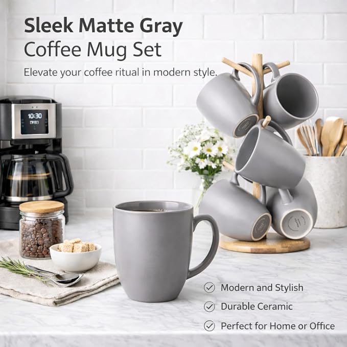 AmorArc 12 OZ Coffee Mugs, Matte Gray Coffee Cups with Large Handle for Man, Woman, Ceramic Coffee Mugs Set of 12 for Latte/Cappuccino/Cocoa/Milk, Dishwasher & Microwave Safe - Image 8