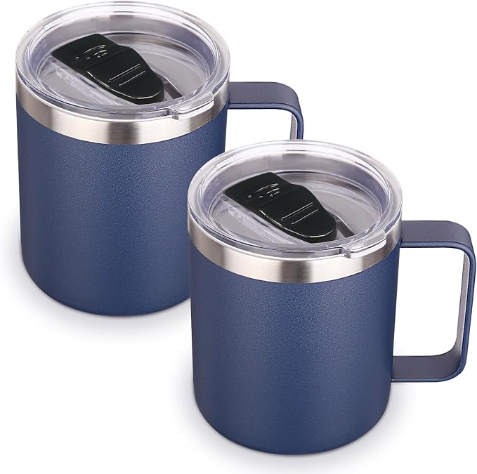 Volhoply 14oz Insulated Stainless Steel Coffee Mug with Lid Bulk 2 Pack,Double Wall Vacuum Travel Coffee Cup with Handle,Reusable Metal Cups Tumbler,Camping Mugs Keep Hot,Ideal Gifts(Navy,2) by LiveFully%EF%BC%8CDrinkFreely%E2%80%94KeepGoingwithVolhoply%EF%BC%81