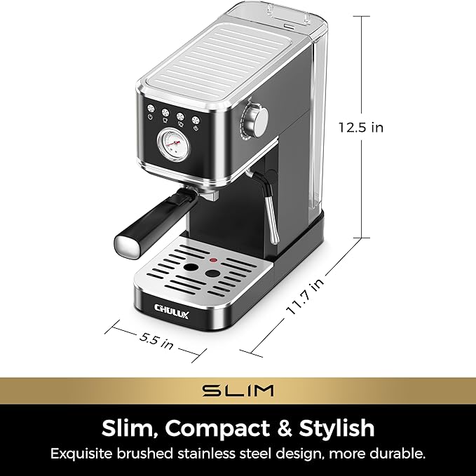 CHULUX Slim Espresso Machine with Milk Frother Steam Wand, 20 Bar Professional Italian Pump Espresso Coffee Machine for Home Cappuccino & Latte Maker, Black Stainless Steel
