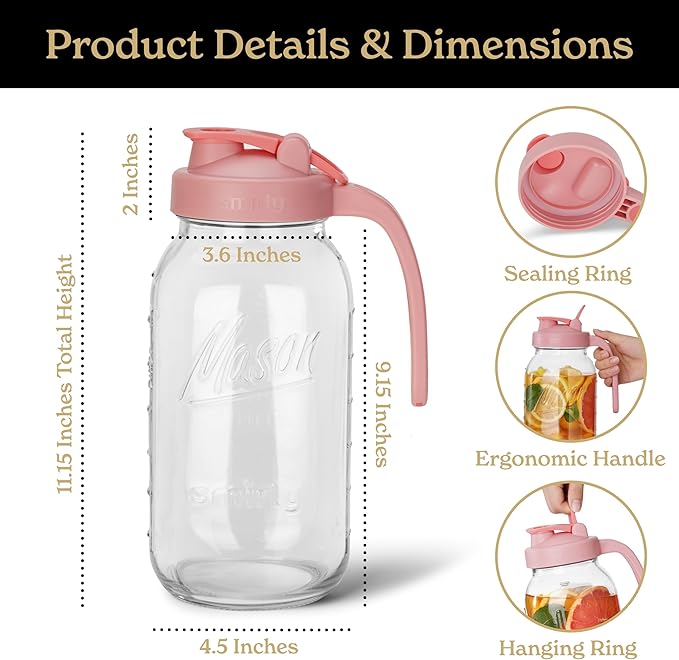 SMIRLY 64 oz Mason Jar Pitcher,Glass Pitcher with Wide Mouth,Water Jug with Double Leak Proof Lid for Iced Coffee,Hot Water,Breast Milk