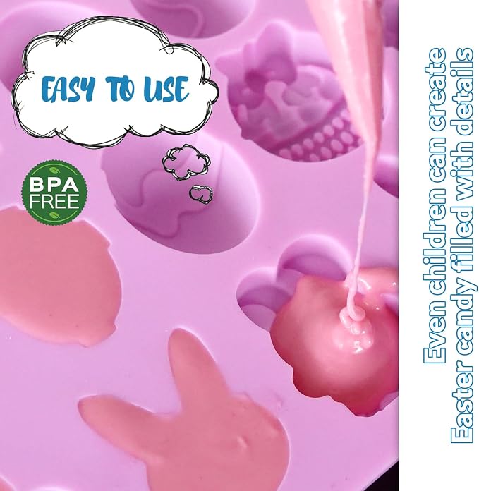 HKNMTT Easter Silicone Candy Mold 2-PACK 9 Shaped Egg Rabbit 72 Cavities Chocolate Mould Wax Melt Tray for Gummies Cupcake Decor Kids Holiday Gift Fudge Making Set - Image 5