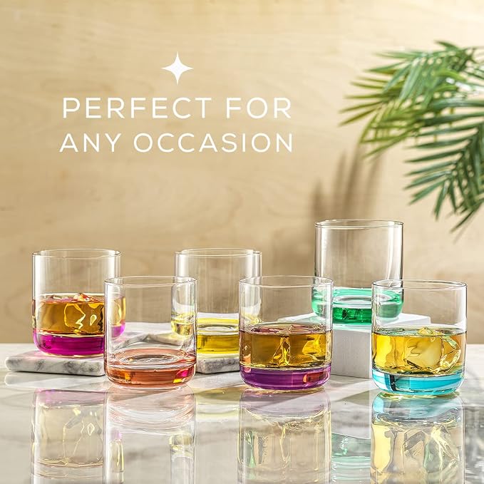 JoyJolt Hue Colorful Whiskey Set of 6, 10oz Drink Glasses, Double Old Fashioned Glass, Modern Whiskey Glass Set for Bar, Low Ball Cocktail Tumbler Glasses - Image 4