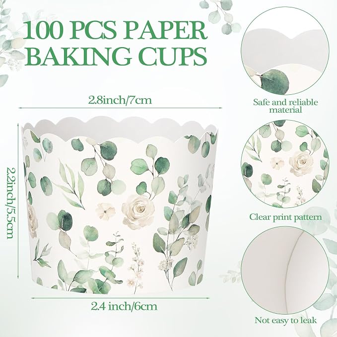 Qinyoung 150 Pcs Green Eucalyptus Leaf Paper Baking Cups Greaseproof Disposable Cottagecore Cupcake Liner Greenery Cupcake Muffin Case for Spring Summer Wedding Bridal Baby Shower Birthday Party Decor - Image 2