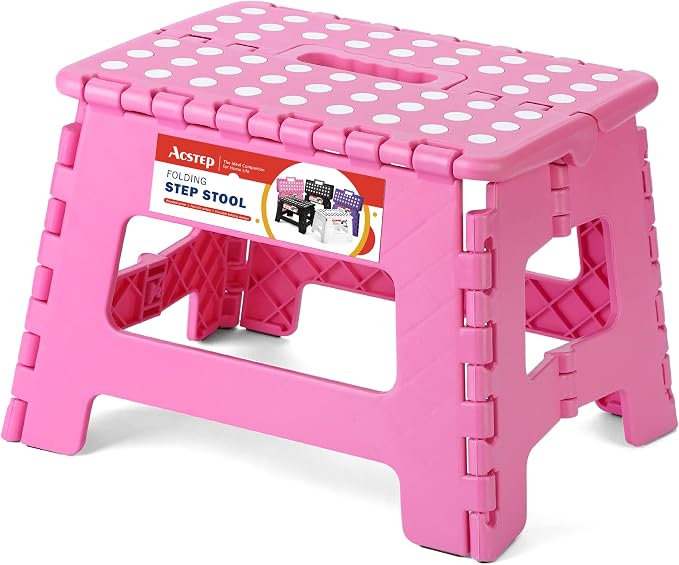 ACSTEP 9" Folding Step Stool for Kids, Holds 300 lb Foldable Stools, Pink | Heavy Duty Collapsible Foot Stools, Lightweight, Non-Slip, for Toddler/Adults Kitchen Bathroom Bedroom Outdoor, with Handle by ACSTEP