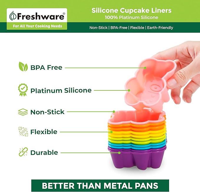 Freshware Cupcake Liners, Pack of 12 Silicone Muffin Cups, 2.9 Inch Silicone Baking Cups, Reusable & Non-stick Cupcake Liners for Party Halloween Christmas, Bear