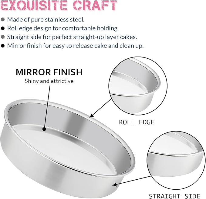 E-far 8 Inch Cake Pan Set of 3, Stainless Steel Round Layer Cake Baking Pans, Non-Toxic & Healthy, Mirror Finish & Dishwasher Safe - Image 3