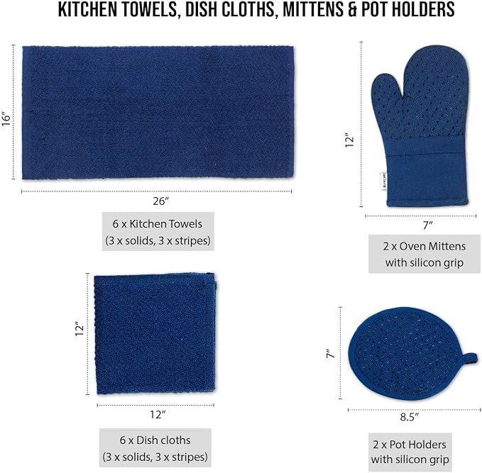LANE LINEN Tea Towels - 16 Pc Set with Silicone Oven Mitts and Pot Holders, Cotton Kitchen Towels, Absorbent Dish and Hand Towels - Indigo - Image 2