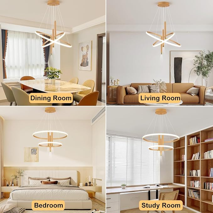ORANOOR LED Gold Modern Chandeliers, Dimmable 24inch Kitchen Pendant Lights | LED Gold Dining Room Light Fixtures Ceiling Hanging Over Table, 2 Ring Round Chandelier for Dining Room Bedroom Living Room - Image 5
