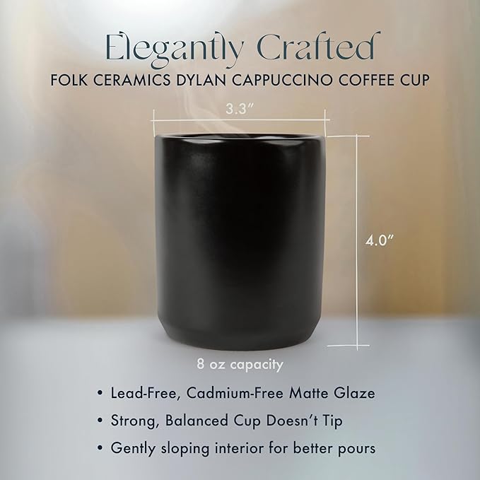 Folk Ceramics Dylan Ceramic Cappuccino Cups Set | Double Walled Ceramic Coffee Mug Set | Compact & Heat Insulated Cappuccino, Tea, Coffee & Latte Cup | 8oz, Set of 2 | Matte Black
