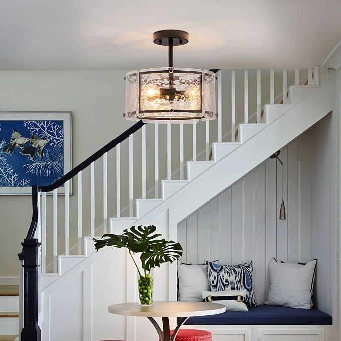 Black Semi Flush Mount Ceiling Light Fixture for Foyer,Entryway,Hallway | 11.8" Small 3 Light Drum Modern Farmhouse Glass Ceiling Light Fixtures for Kithcen,Bedroom,Dining Room,Bathroom - Image 7